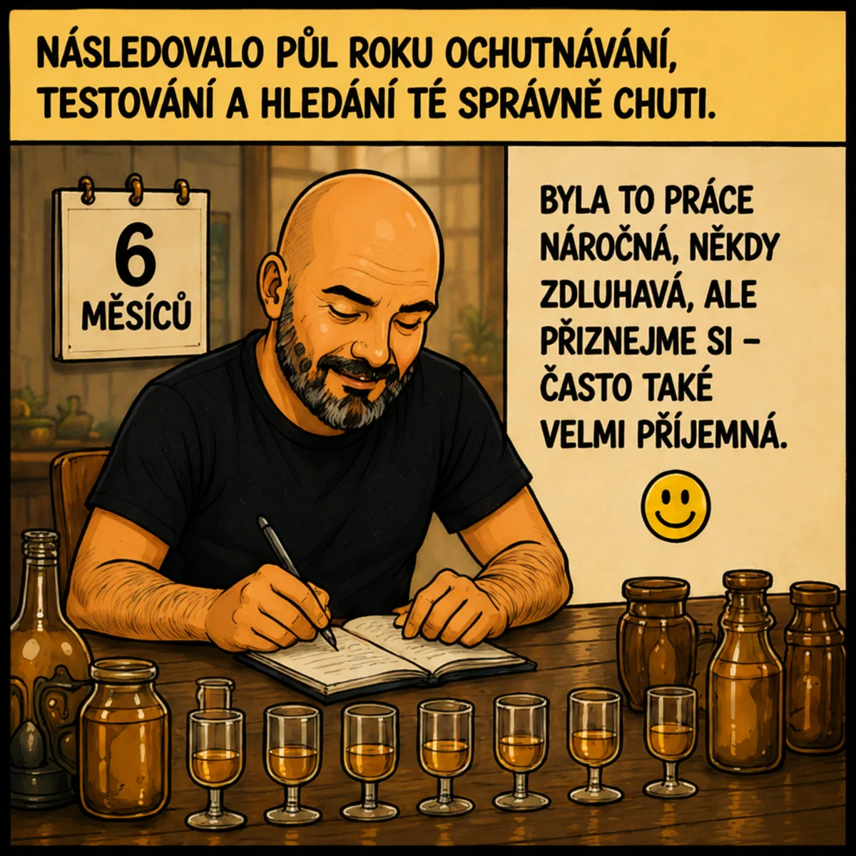 Komiks panel 2: syn v kuchyni / mini-destilérce, zkouší vzorky